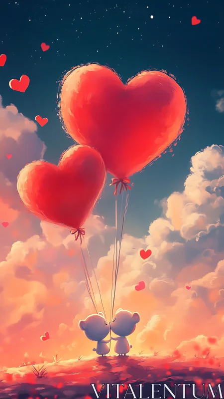 Heart Balloons Carry Two Silhouettes Into Sunset Sky.