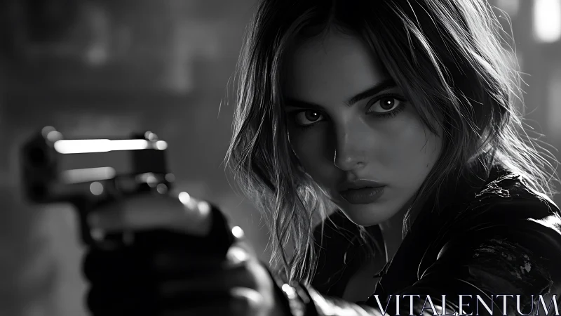 Monochrome cinematic portrait with armed frontal focus.