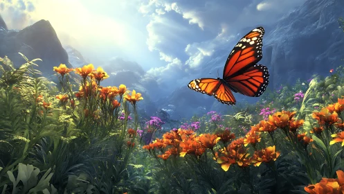Monarch butterfly in luminous alpine wildflower valley at sunrise