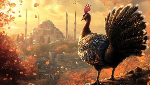 Majestic autumn rooster overlooking golden domes and spires.