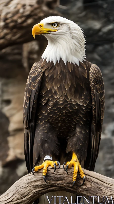 Regal bald eagle rests calmly on a weathered woodland perch