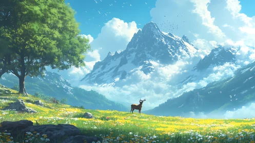 Solitary stag surveys alpine meadow beneath towering peaks