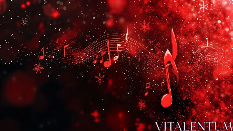 Shimmering red music notes dance through a festive night sky