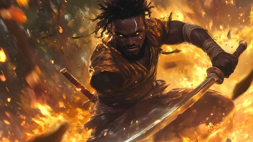 Flaming warrior lunges forward with twin katanas in inferno
