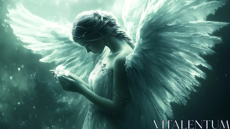 Luminous angel in teal light contemplates a fragile glow.