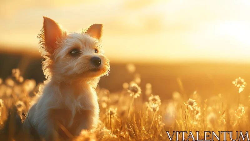 Small dog in warm golden sunset field portrait.