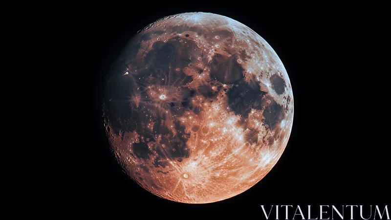 Blood moon close-up revealing illuminated craters and mares.