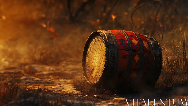 Textured red wooden barrel in dusk-lit overgrown field scene.