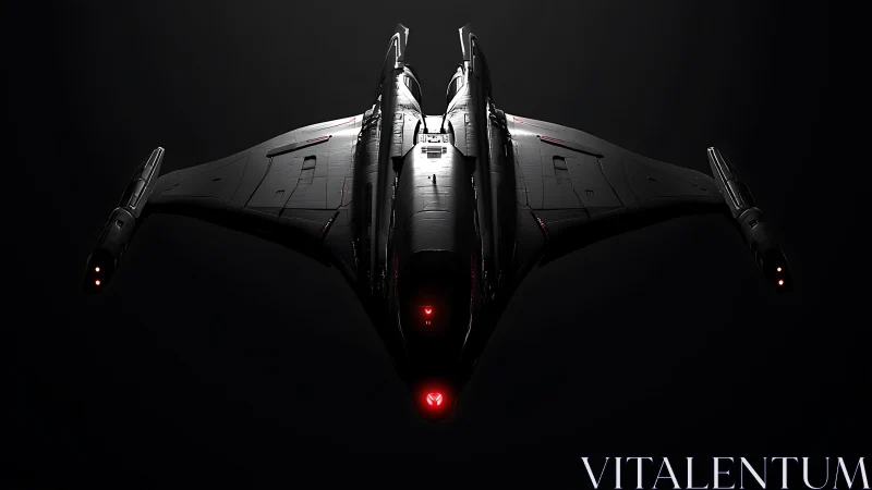 Stealth starfighter cuts darkness with red engine glow.