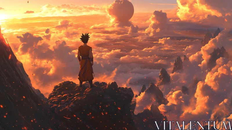 Sunset warrior gazing over blazing clouds and peaks.
