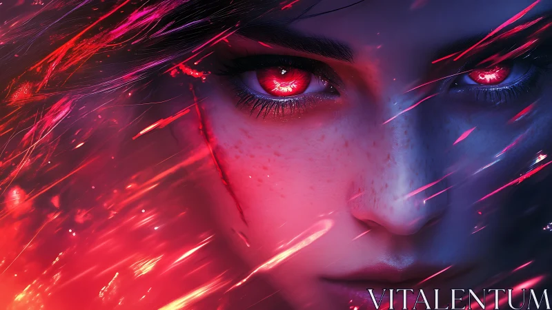 Cyberpunk portrait of red eyed warrior in kinetic light field.