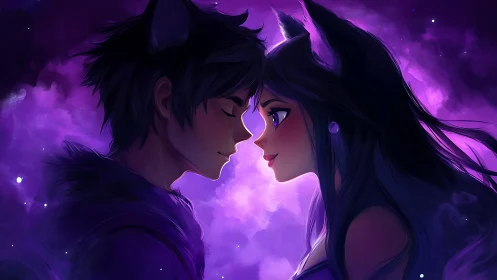 Two anthropomorphic figures with cat ears in purple light.