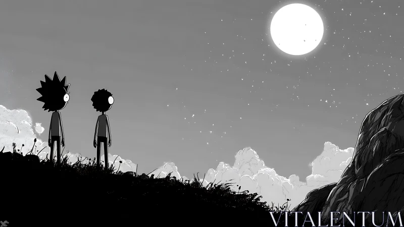 Two cartoon friends sharing a quiet moonlit hillside moment.