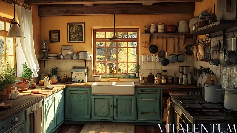 Sunlit rustic kitchen with teal cabinetry and window view.