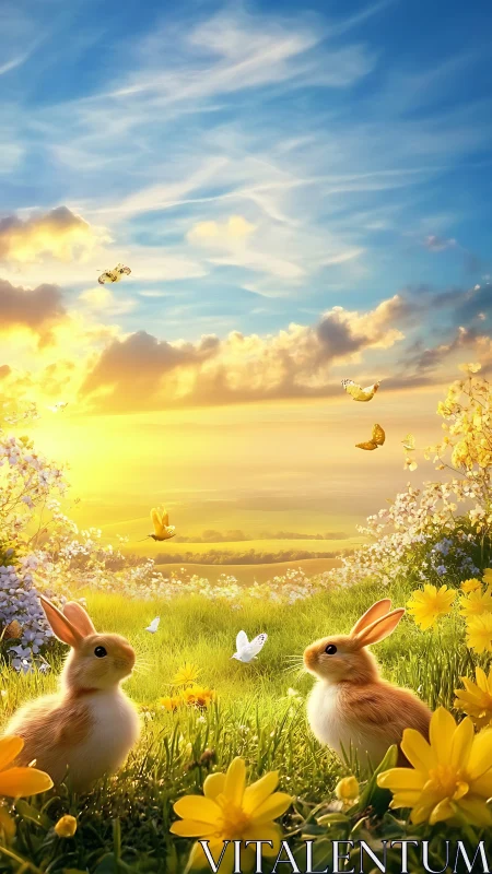 Sunrise bathes playful spring bunnies in golden meadow light