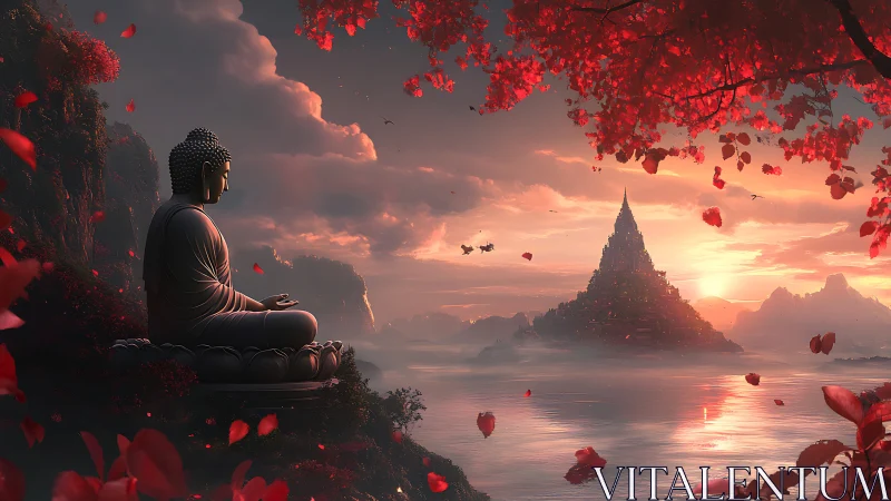 Buddha statue by lake facing distant temple at sunset.