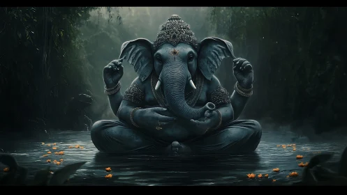 Symmetric riverborne elephant deity in misted jungle dusk.