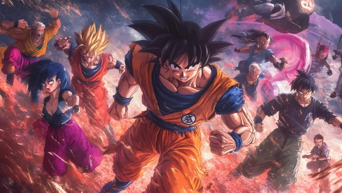 Anime fighters charge forward through fiery cracked ground.