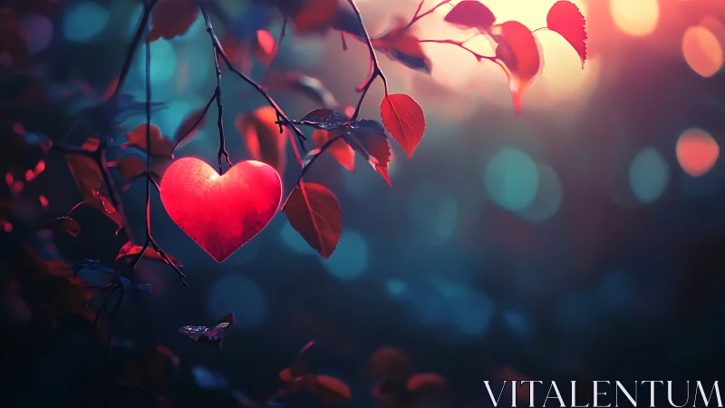 Luminescent Heart-Form Leaf Suspended Against Bokeh Gradient.