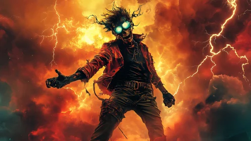 Humanoid figure in flaming storm cloud environment with lightning.