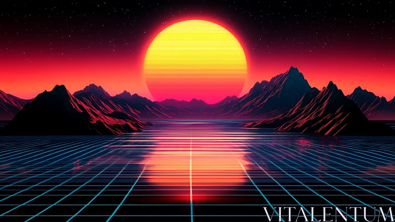 Neon sunset over grid horizon with retro-futuristic peaks.