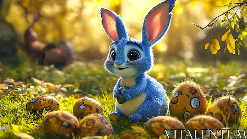 Blue bunny cradles painted eggs in warm forest light.