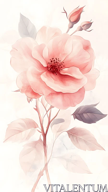 Pink Garden Rose with Buds and Foliage.