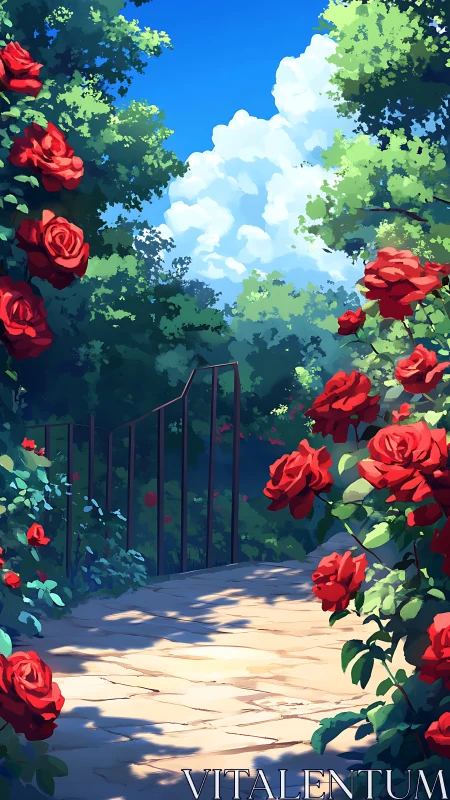 Sunlit stone garden path lined with vivid red roses.