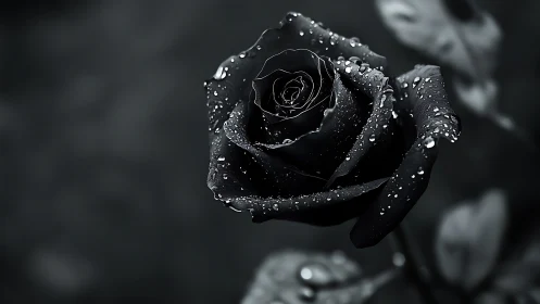 Black rose macro with water droplets in dramatic light.