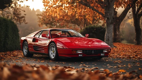 Classic red sports coupe in golden autumn landscape.