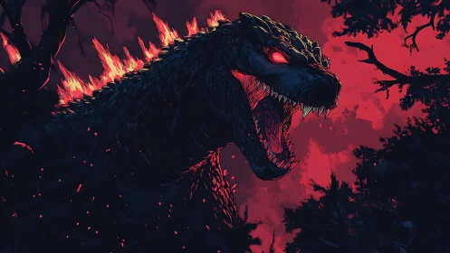 Colossal reptilian kaiju roaring in infernal crimson forest
