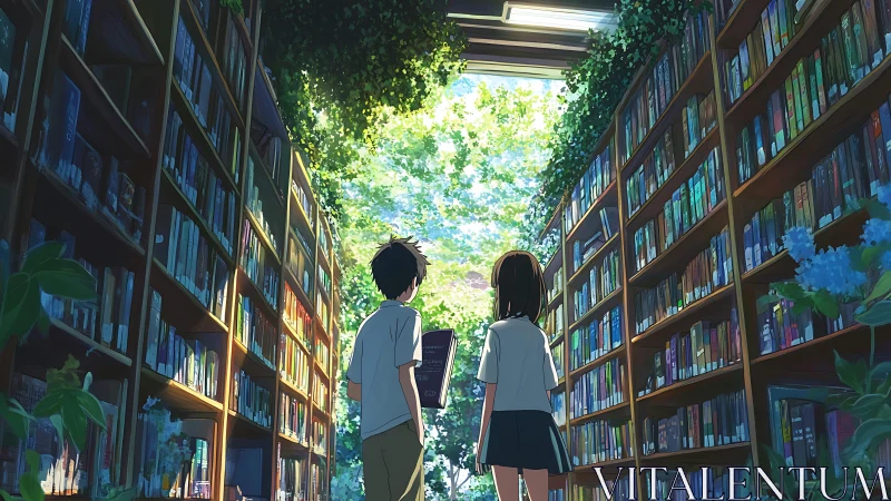 Sunlit library aisle where two kids browse hidden worlds.