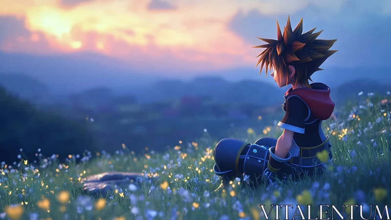 Anime-style boy seated in meadow at hazy sunset.