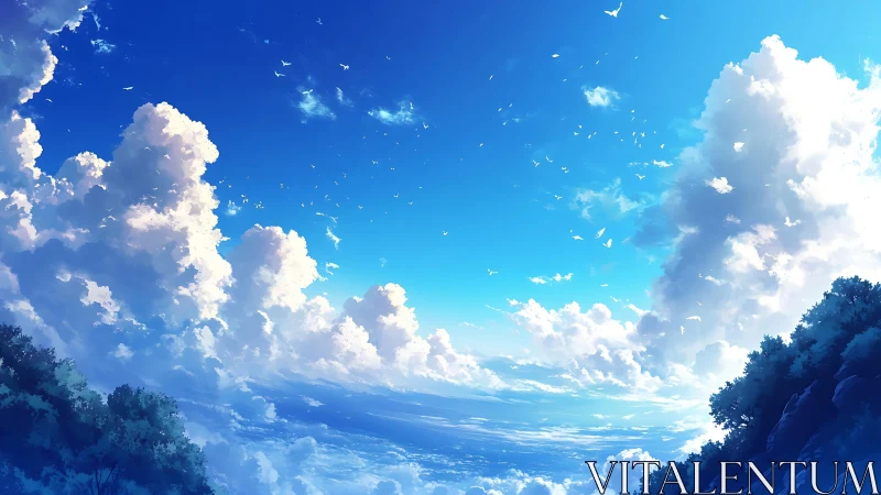Vast celeste panorama with towering cumulus and sea horizon.