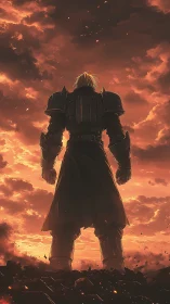 Armored warrior stands against burning sunset sky alone