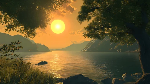 Golden sunset illuminates tranquil mountain lake shoreline