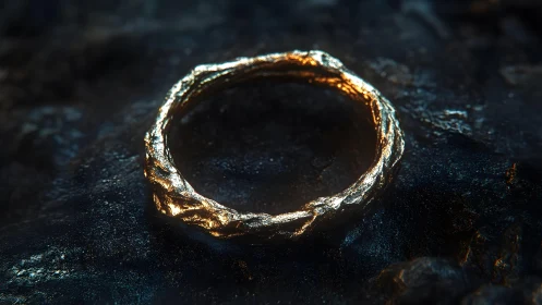 Rough-textured gold ring on dark stone background, dramatic lighting.