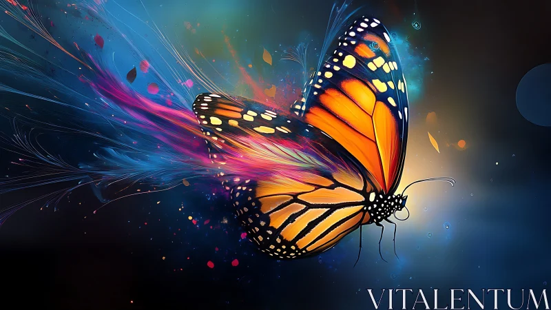 Radiant butterfly gliding through streams of swirling color.