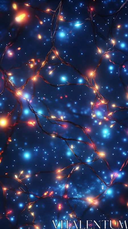 Tangled string lights glow over blue bokeh background