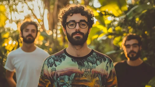 Three men stand in shallow depth of field tropical foliage scene