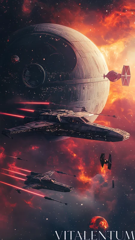 Colossal orbital battlestation amid crimson nebula warfare.