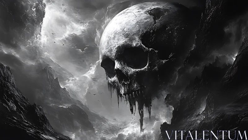 Skull-shaped stormfront brooding above abyssal cliffs.