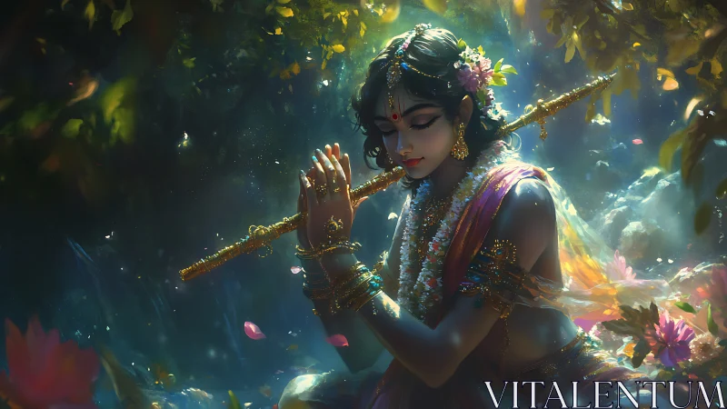 Flute bearing mystic youth kneels in jeweled forest light