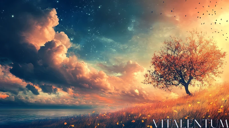 Solitary autumn tree beneath luminous cosmic sunset sky.