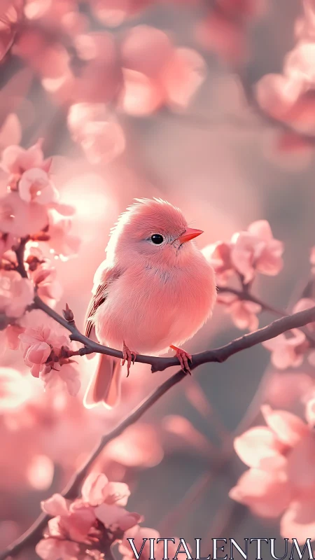 Soft pink songbird resting among dreamy blossom boughs.