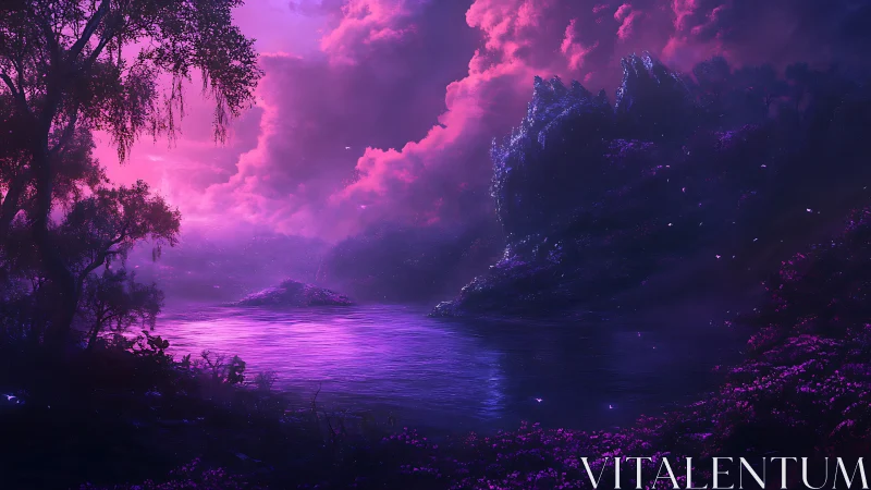 Celestial violet lake under luminous stormlit clouds.
