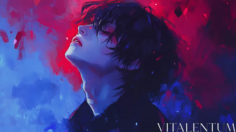 Dreamer in crimson and cobalt light, lost in feeling.