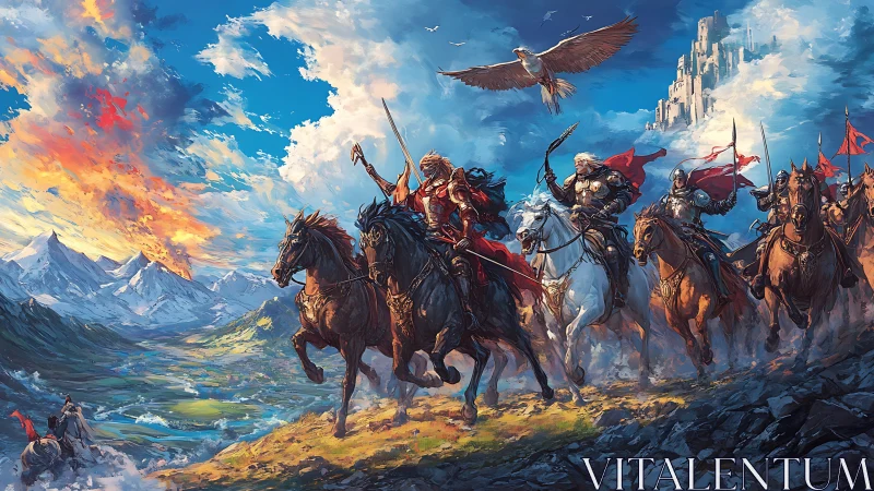 Armored riders charge toward burning valley sky.