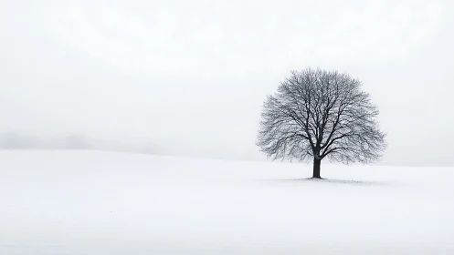 Solitary winter tree on minimal snowfield horizon.
