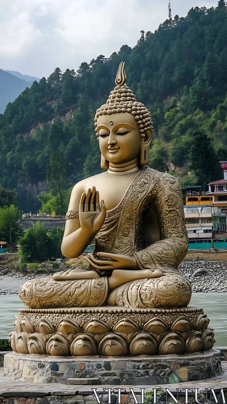Golden Buddha statue sits before forested riverside hills